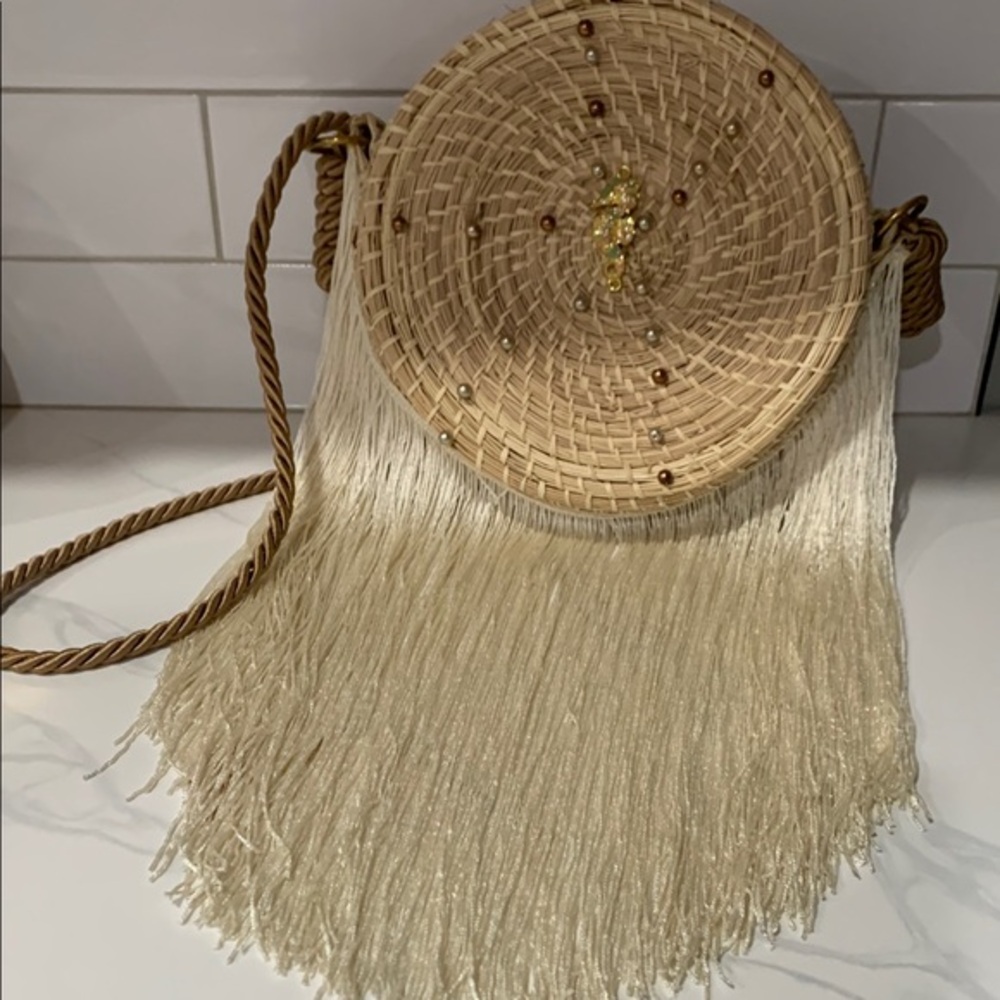 Beaded Fringe Woven Crossbody Bag - Cream Handmade